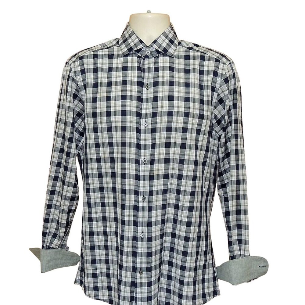 Ermenegildo Zegna Black Gray Plaid Checks Long Sleeve Men's Shirt Sz. M PRISTINE
